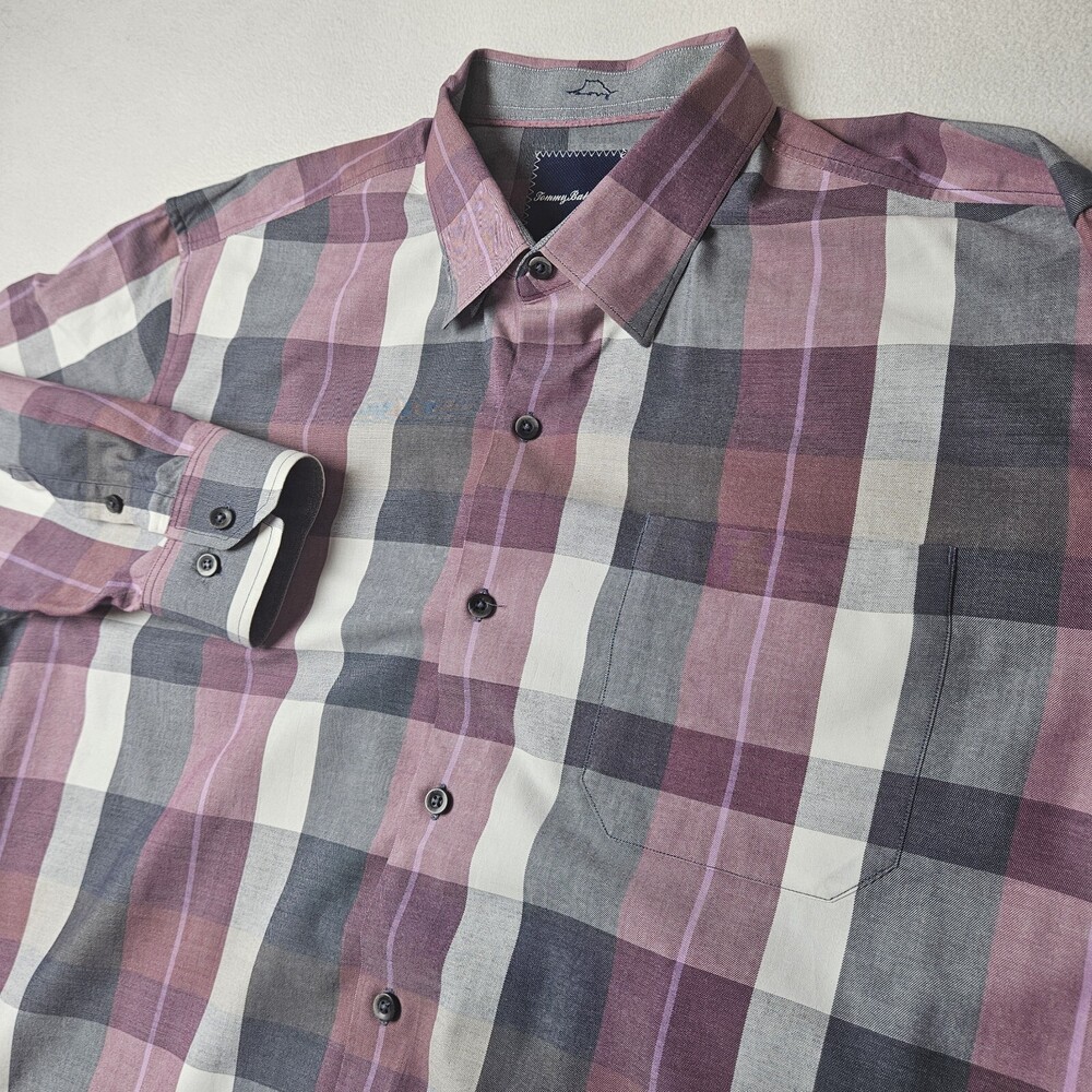 Tommy Bahama Shirt Mens XL Purple Plaid Button Down Cotton Silk Blend Read*